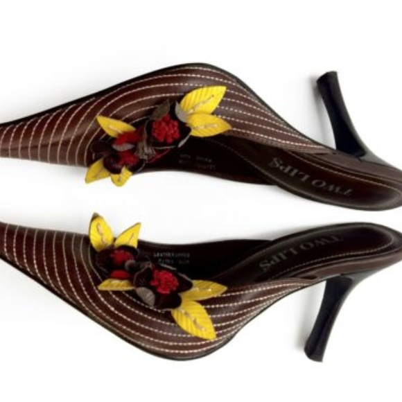 Vintage Two Lips Leather Flower Detail Pointy Toe Mule - Picture 3 of 6